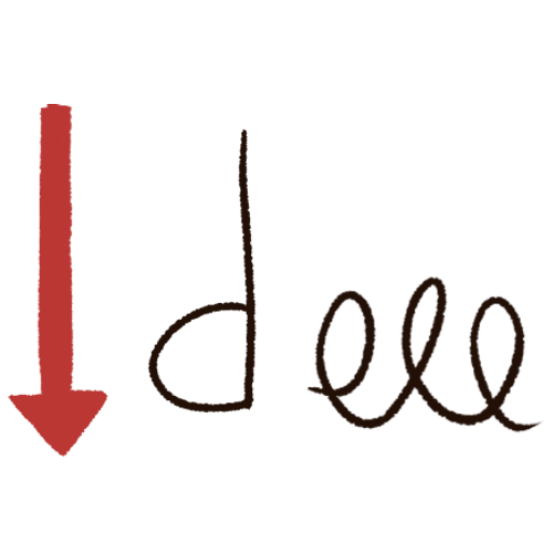 a drawing of a red arrow pointing downwards next to a lowerdase d and some scribbles.